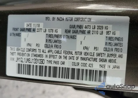 2018 Mazda 6 Sport из США, поврежденный, VIN JM1GL1UM8J1331090